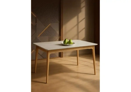 Керамический стол Woodville Halmar 140(180)x80 белый спеченный камень / светлое дерево