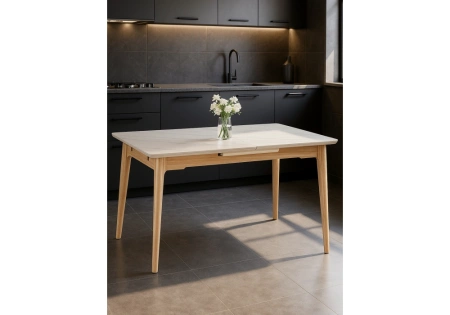 Керамический стол Woodville Halmar 140(180)x80 белый спеченный камень / светлое дерево