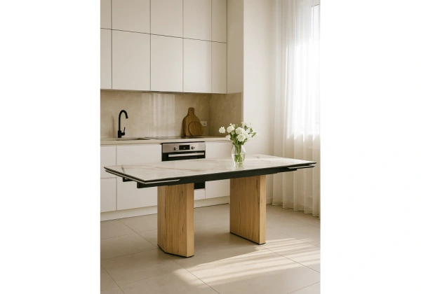 Керамический стол Woodville Монерон 180(240)x90 calacatta gold / дуб монтана