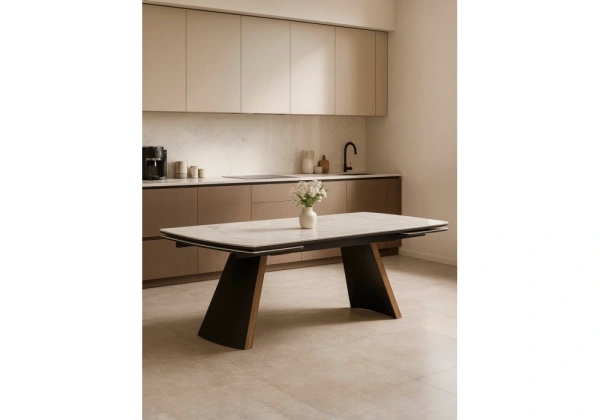 Керамический стол Woodville Симмонс 180(260)x90 statuario titan gloss / черный / орех дуб монтана